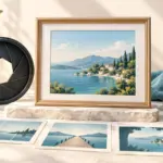 風景の額、構図カード、パレットを並べた画像制作のイラスト