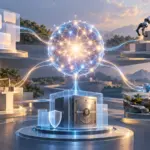 Uma esfera luminosa conecta conversa, braço robótico, escritório, molécula e cofre para ilustrar notícias de modelos, agentes, ciência e privacidade.