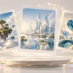 Três molduras exibem uma ilha flutuante, uma cidade futurista e formas abstratas de vidro azul e dourado.