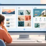 Pessoa compara três layouts de sites em um monitor, com versões de um blog exibidas em tablet e celular ao lado.