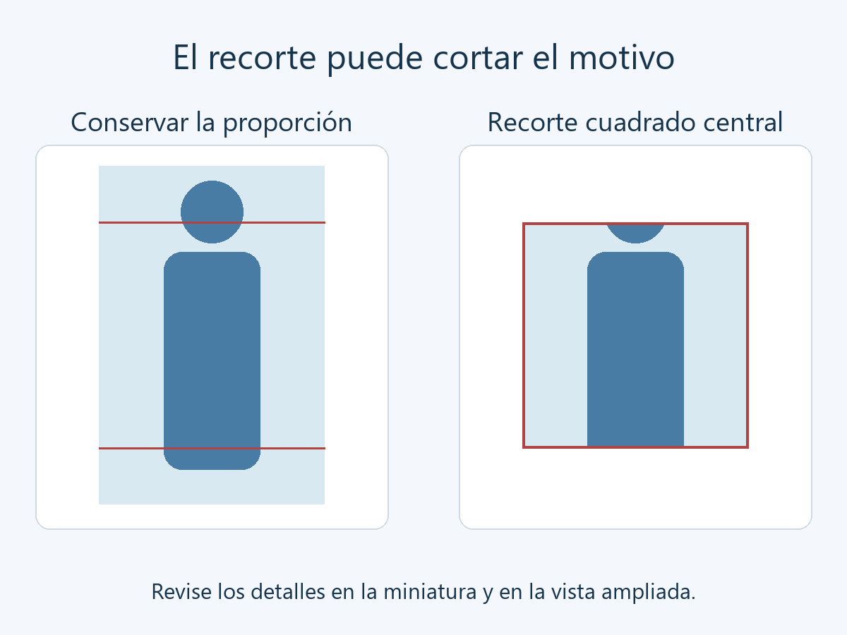 Una ilustración vertical completa comparada con su recorte cuadrado central que corta parte de la cabeza