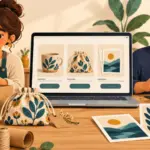 Zwei Verkäuferinnen fertigen Keramik und digitale Illustrationen an und präsentieren ihre Produkte auf einem Online-Marktplatz.