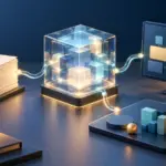 Abstrakte Arbeitsumgebung mit vernetzten Dokumenten und Programmcode als Sinnbild für die Aufgaben eines Sprachmodells.