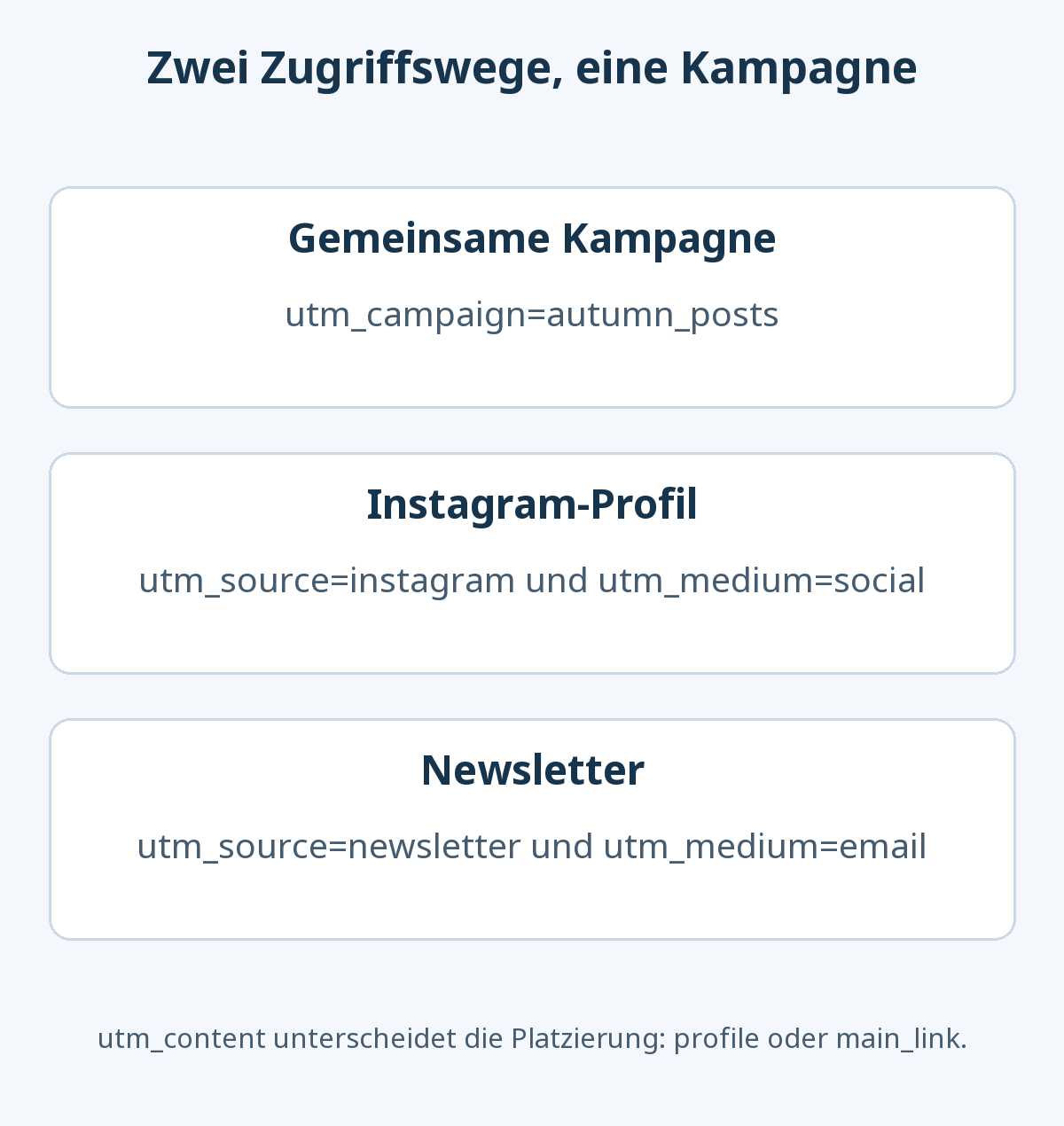 Instagram-Profil und Newsletter verwenden dieselbe Kampagne autumn_posts. Quelle und Medium unterscheiden die Zugriffswege, utm_content die jeweilige Linkplatzierung.