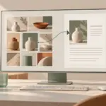 概念插画：屏幕将陶瓷商品照片与文档面板连接，表现视觉资料与写作任务的结合