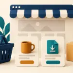 以购物篮、商品卡片、下载文件和配送纸箱呈现的在线商店插图