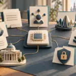 Illustrazione di un chip AI collegato a documenti, onde sonore, uno scudo di sicurezza e un edificio per servizi pubblici