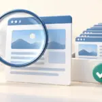 A magnifying glass examines a web page beside a stack of pages with an indexing check mark.