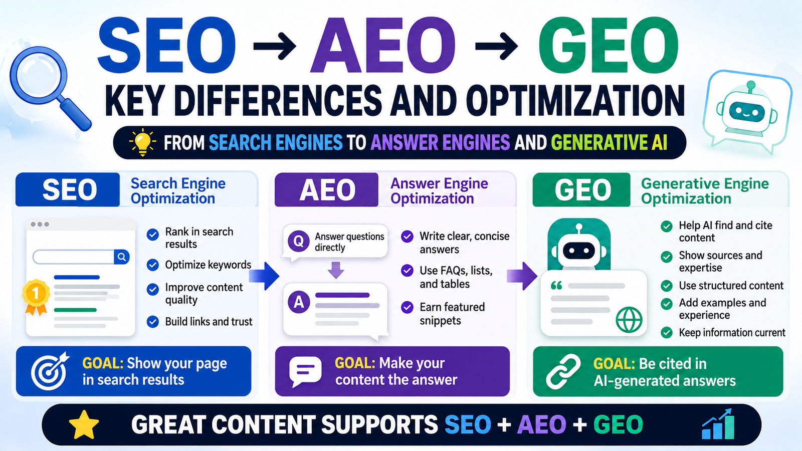 English infographic comparing SEO, AEO, and GEO goals and optimization methods