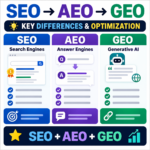 English infographic comparing SEO, AEO, and GEO in three color-coded columns