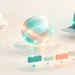 Una esfera luminosa conecta documentos, un portátil y un flujo de trabajo.