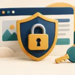 Una página web protegida por un escudo y un candado.