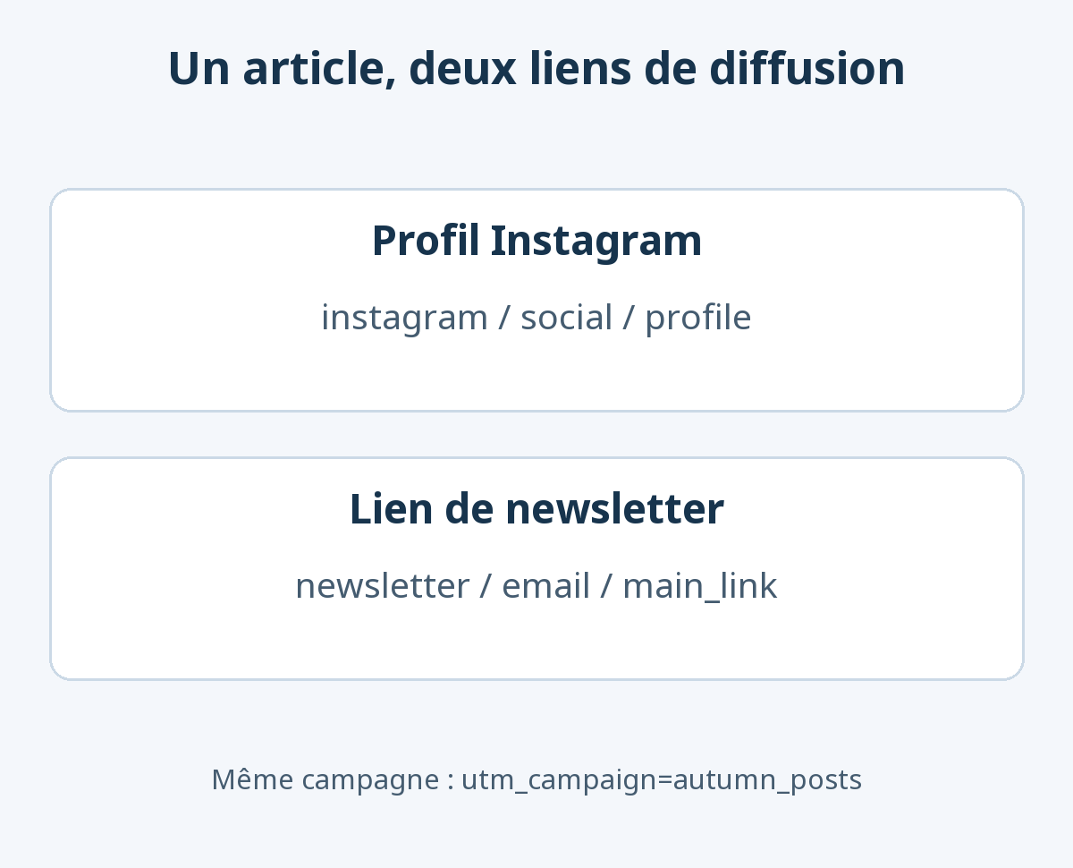 Deux liens vers le même article et la même campagne autumn_posts : source instagram, support social et contenu profile ; source newsletter, support email et contenu main_link.