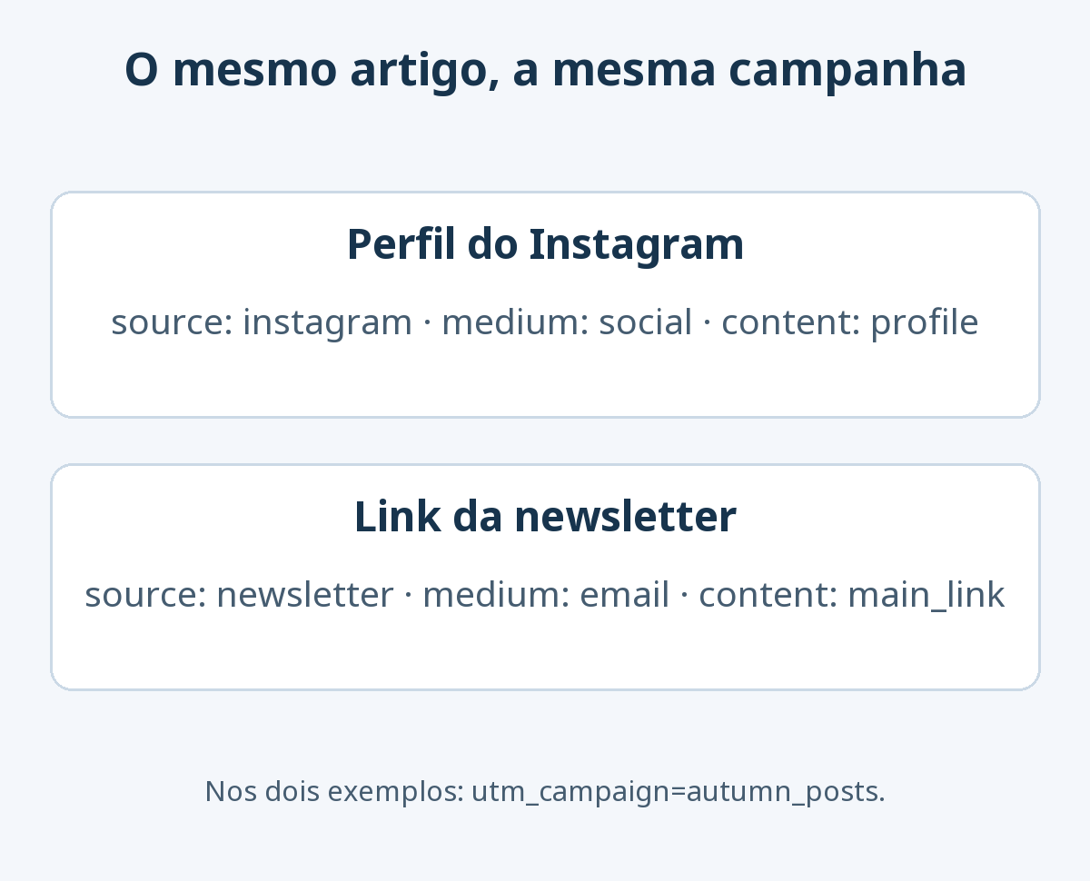 Dois links fictícios para o mesmo artigo com campanha autumn_posts: instagram/social e conteúdo profile; newsletter/email e conteúdo main_link. As etiquetas não representam volumes de visitas.