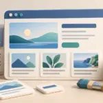 Website-building illustration with modular content cards, image tiles, a paintbrush, and a puzzle piece.