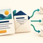 Artigo ilustrado e envelope com setas para três mensagens marcadas como recebidas.