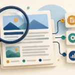 Lupa sobre uma página de artigo ligada a três cartões com ícones de documento, configuração e gráfico.