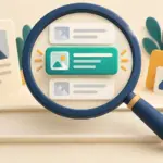 虫眼鏡の中で関連する結果カードが強調されたサイト検索図。